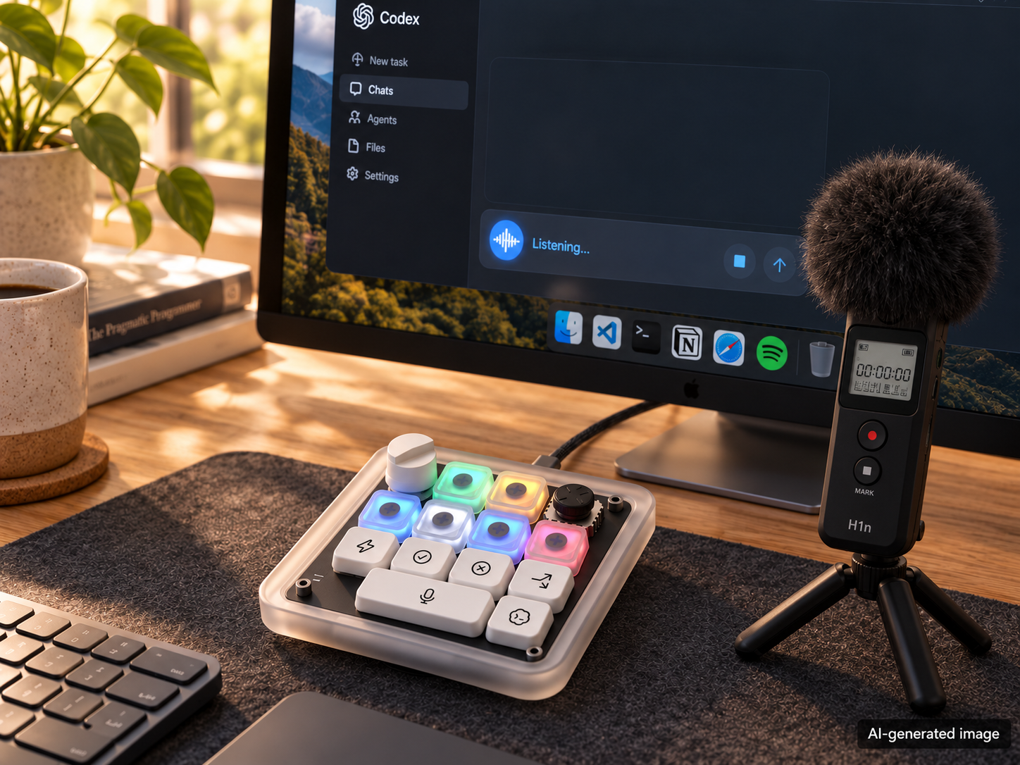 AI-generated illustration of a workspace with a microphone and controller.